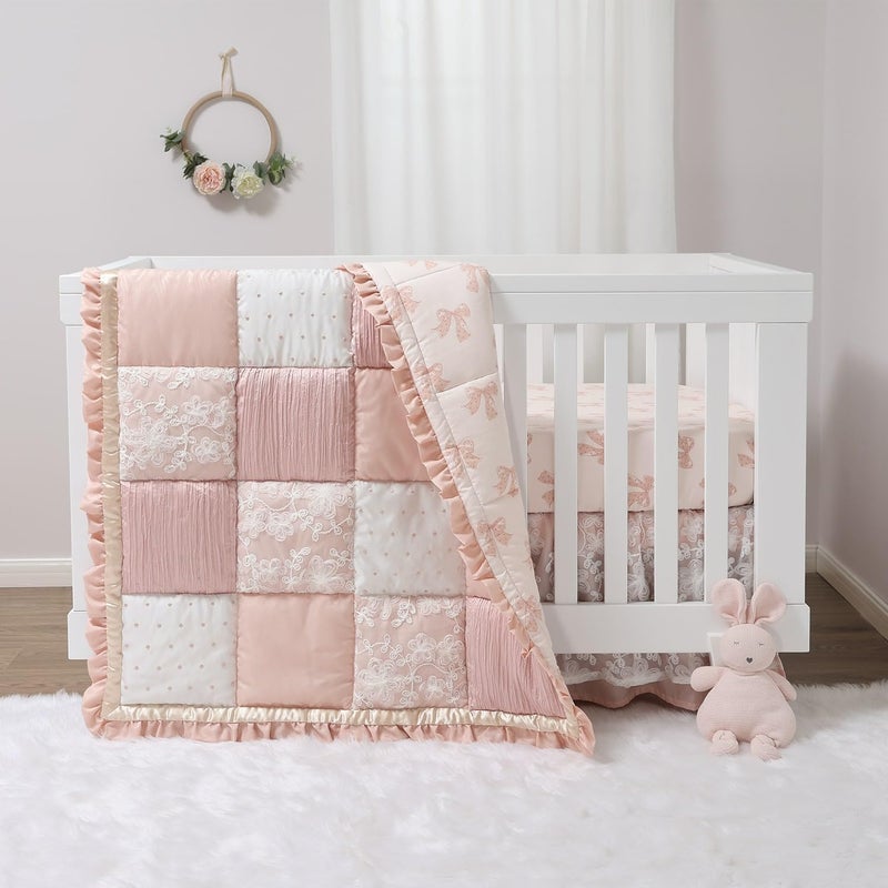 The Peanut Shell 3 Piece Baby Crib Bedding Set for Girls - Cotton Fitted Crib Sheet, Layered Dust Ruffle, Comforter, Newborn, Infant & Toddler Vintage Nursery Bed Set Decor, Pink, Gold, Floral - Grace - Image 1